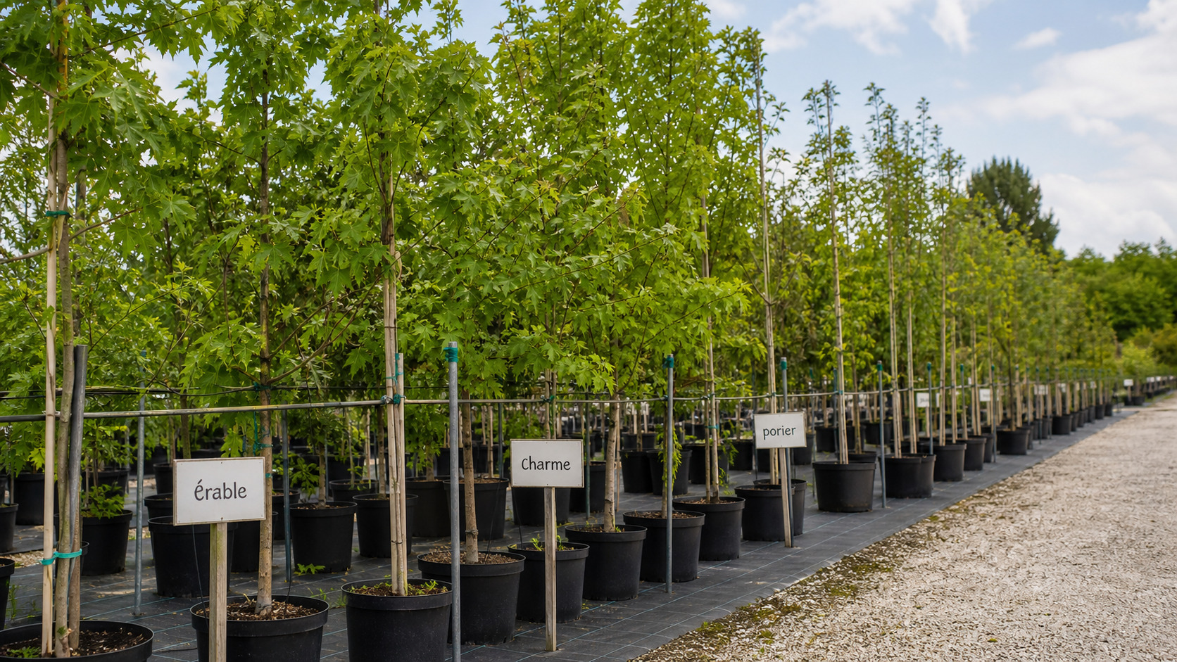 Alignement de jeunes arbres en pépinière avec panneaux indiquant les espèces