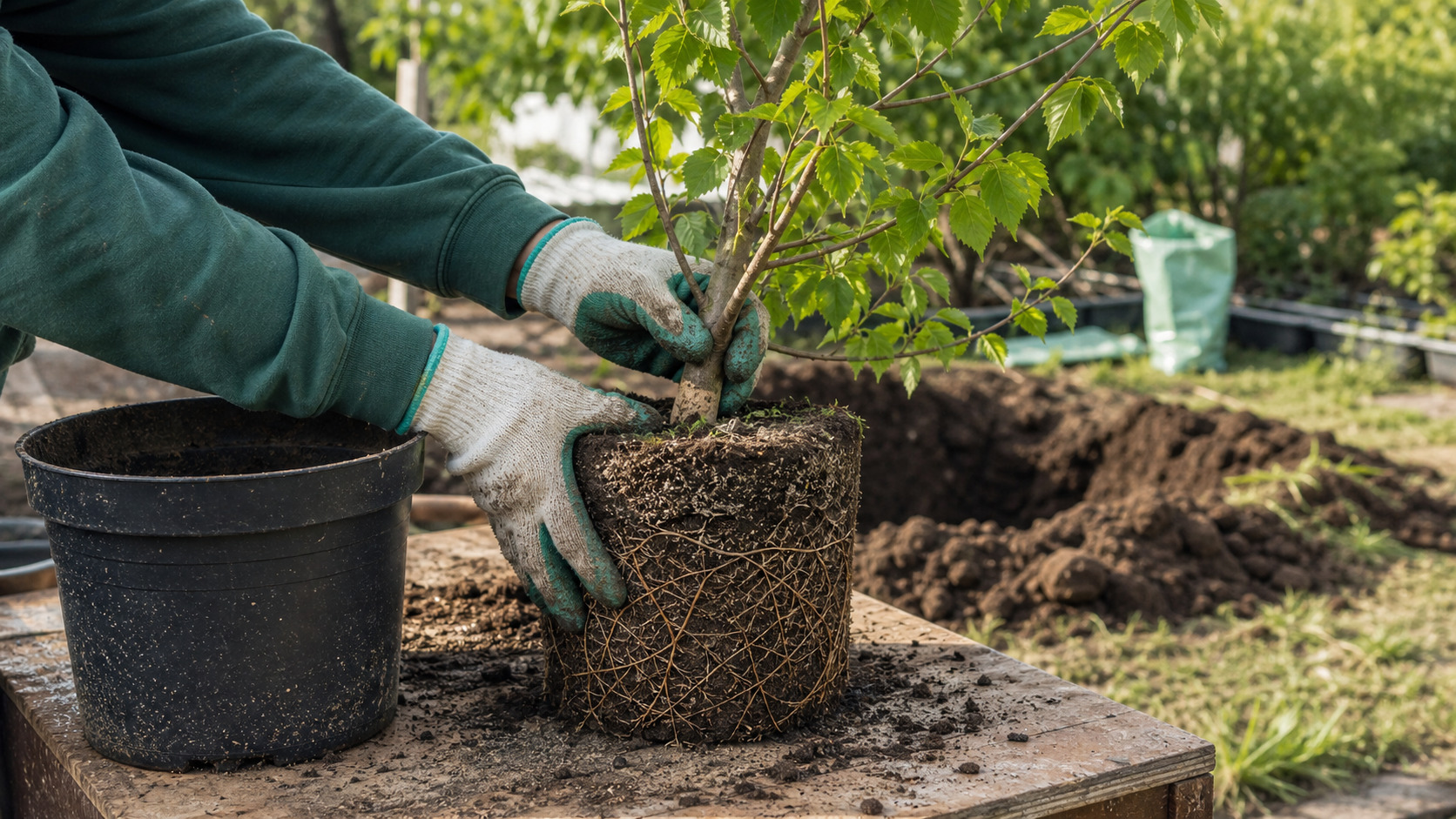 Jeune arbre sorti de son conteneur avec racines visibles avant plantation