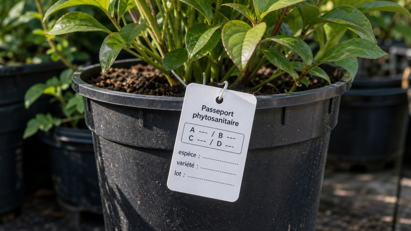 Étiquette de traçabilité attachée à un pot de plante en pépinière