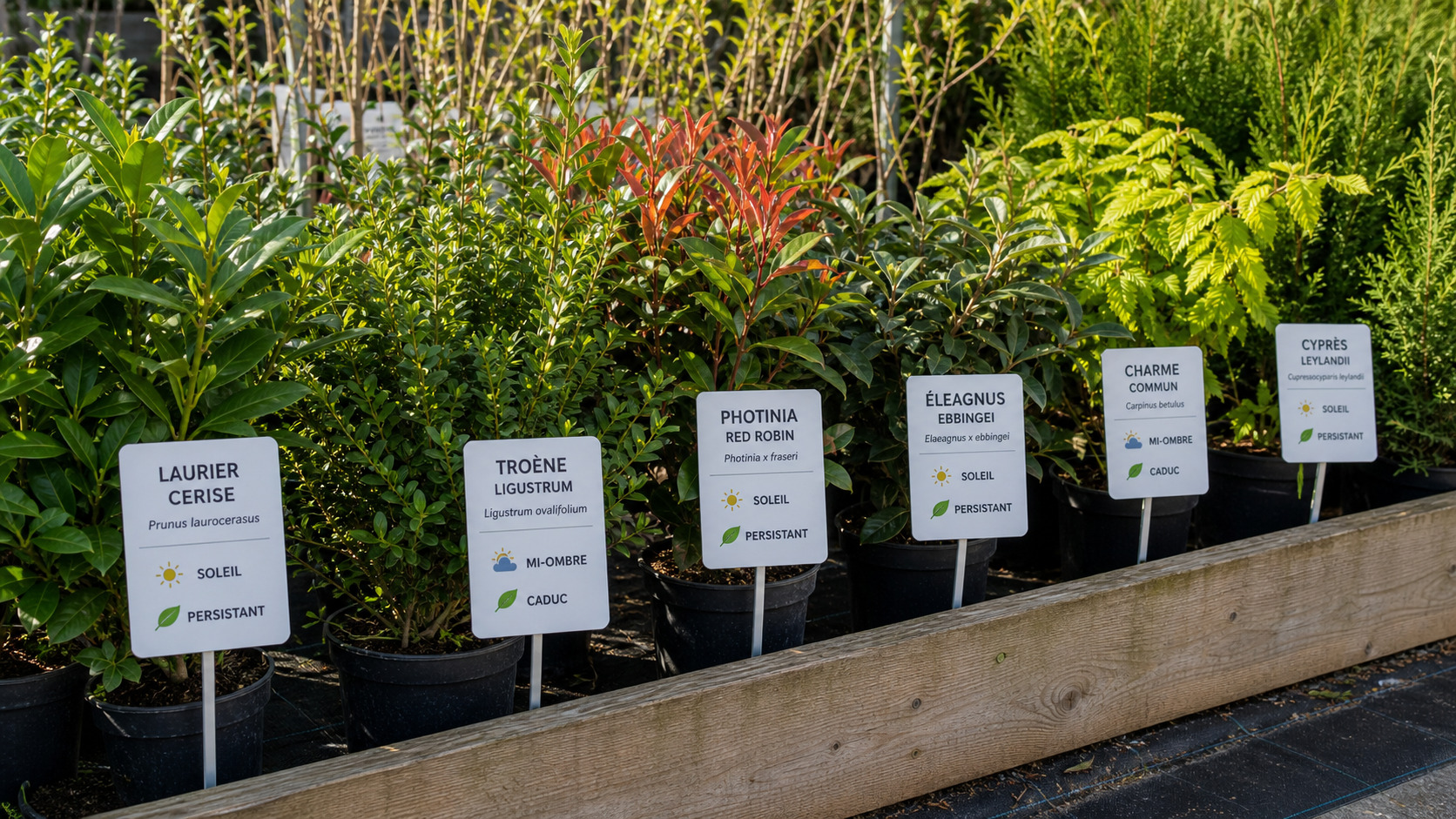 Plants de haie en pépinière avec étiquettes de variétés et indications d'exposition