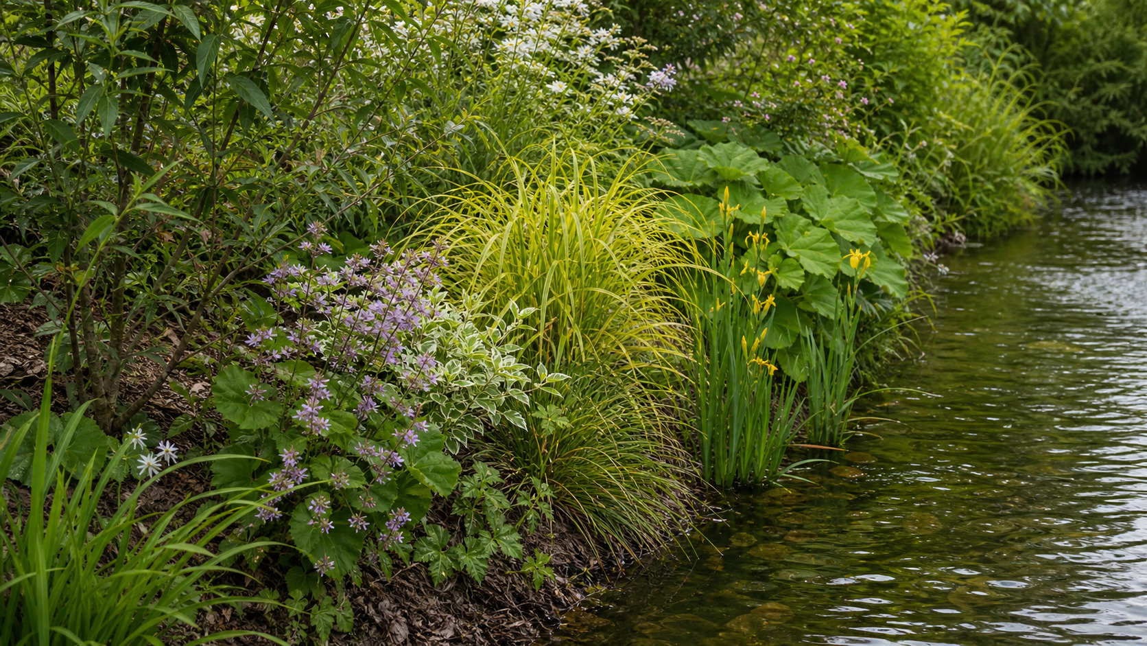 Massif de plantes près d'un cours d'eau avec végétation dense en bordure